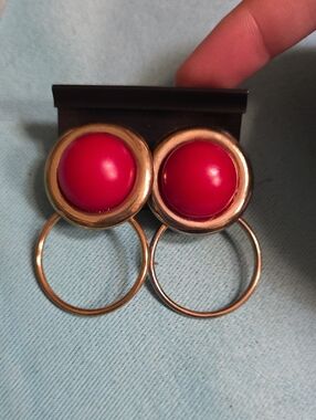 Gold-Tone Hoop Drop Clip On Earrings with Red Cabochon Accent
